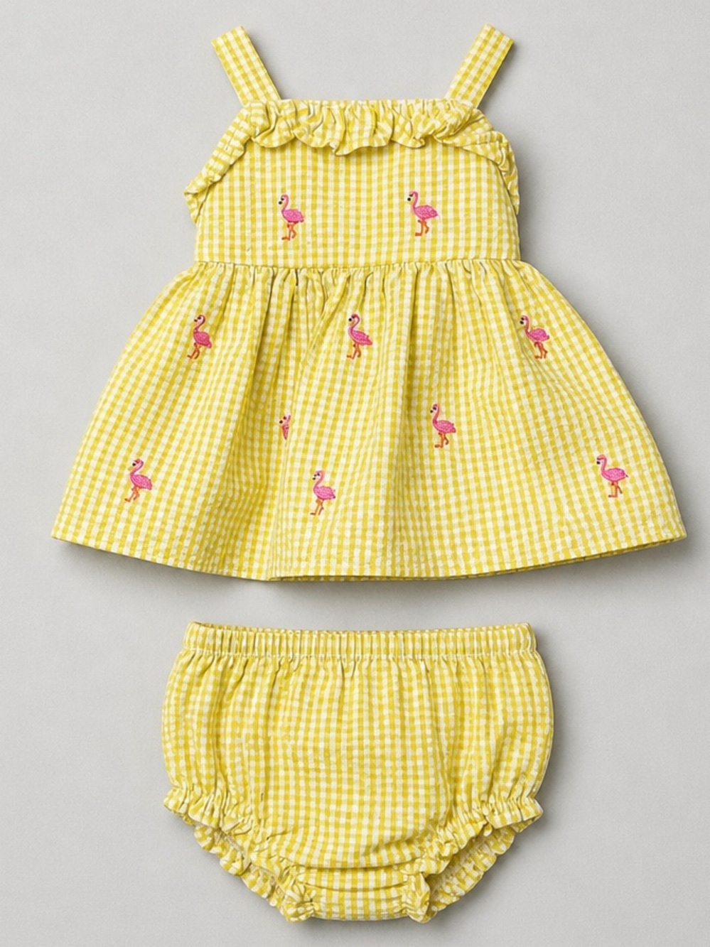 Starting out yellow and white Searsucker smocked dress and bloomer set flamingos